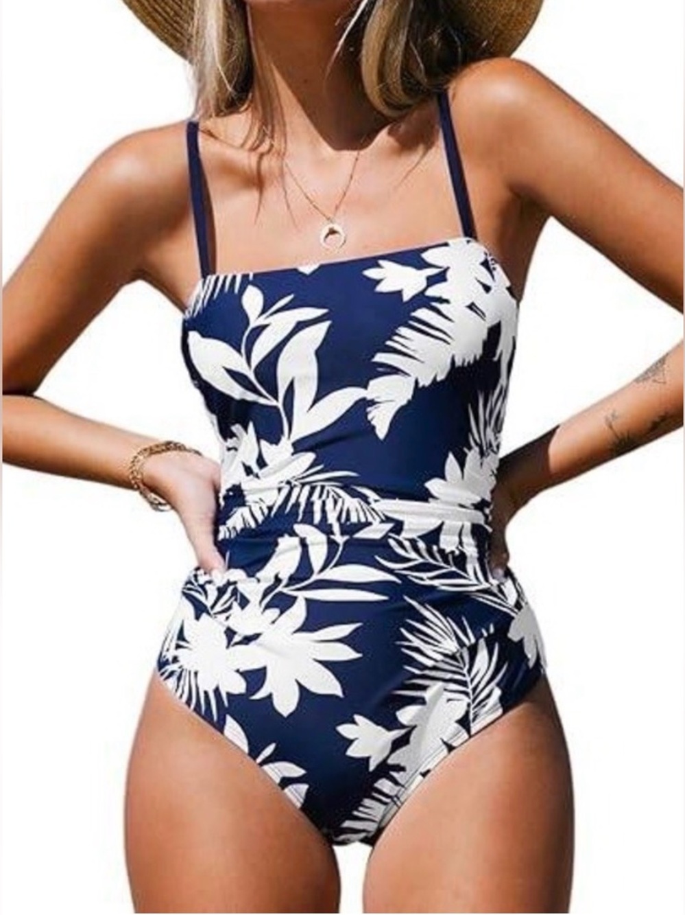 Cupshe Navy Blue and White Tropical Floral Ruched One-Piece Swimsuit - XL - NWT